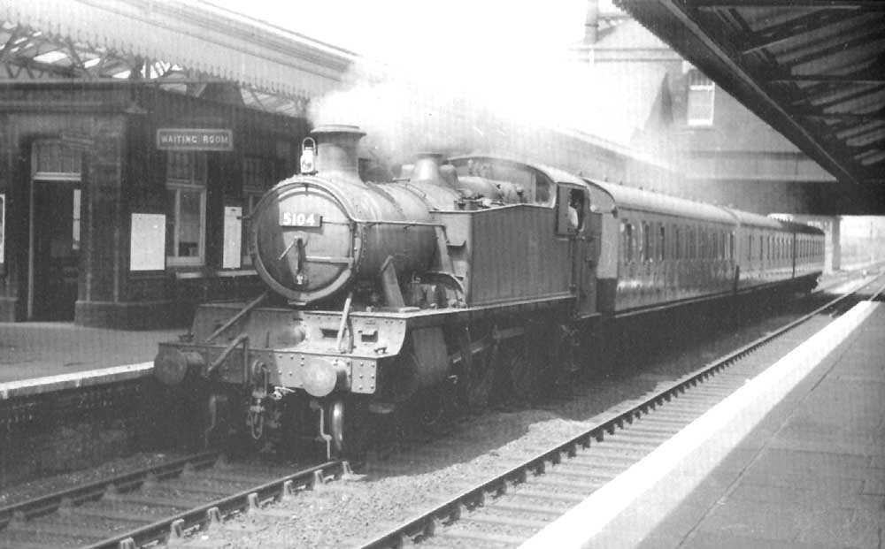 Ex-GWR 2-6-2T No 5105, a class 51xx 'Large Prairie' locomotive, is seen entering Small Heath's up relief platform on a Snow Hill to Leamington local passenger service