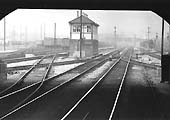 Small Heath North Signal Box viewed from beside the up main line under Golden Hillock Road bridge on 18th July 1963