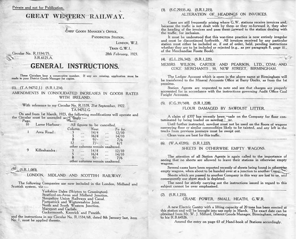 The Great Western Railway Goods Department regularly issued Circulars containing General Instructions to their staff