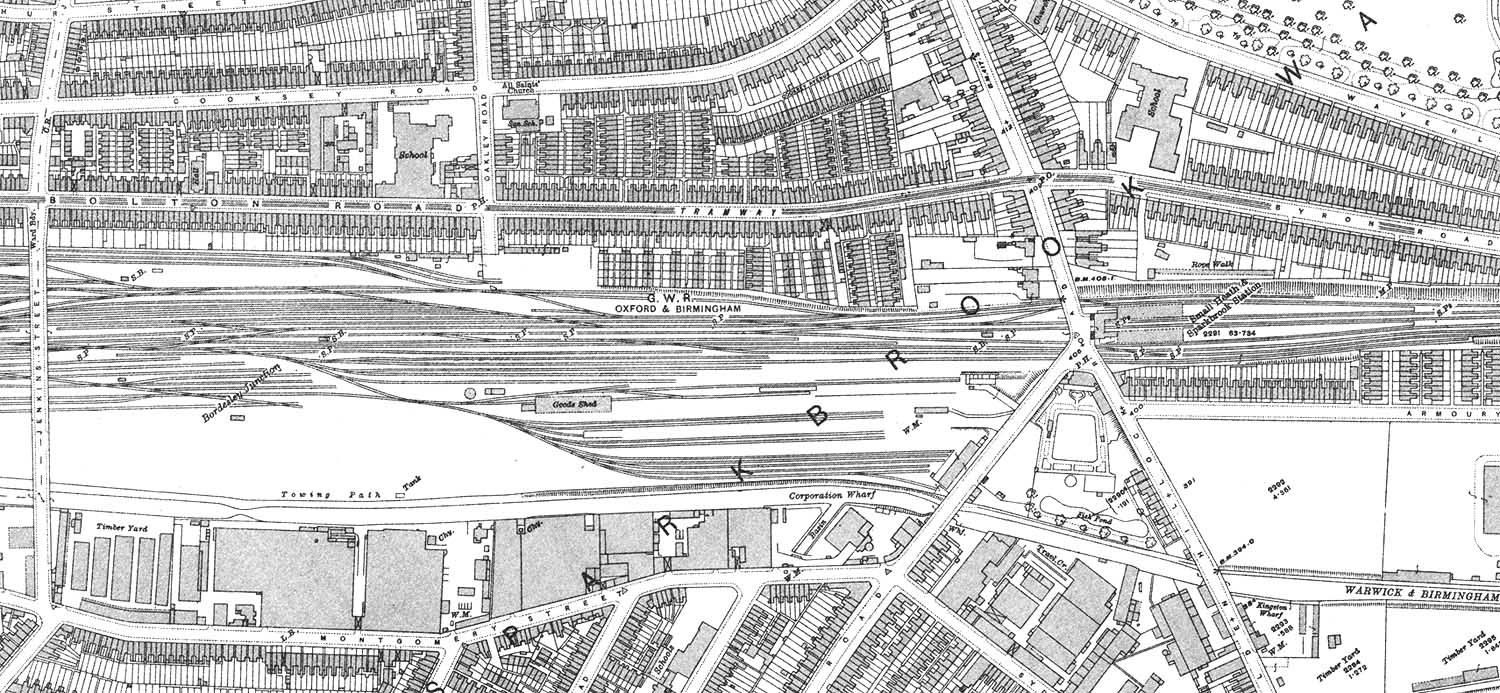 A 1913 25 inch to the mile Ordnance Survey map showing Small Heath station and the goods yard and extensive sidings