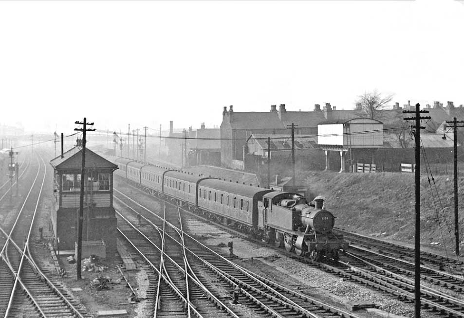 Ex-GWR 2-6-2T No 8109 passes Small Heath North Signal Box on the up main with a local service to Leamington on 12th April 1962