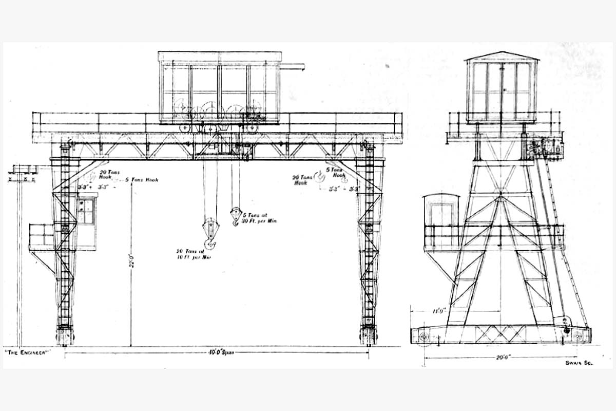 Front and side elevation of the 20 ton electrically powered travelling gantry crane installed at Small Heath down goods yard in early 1925
