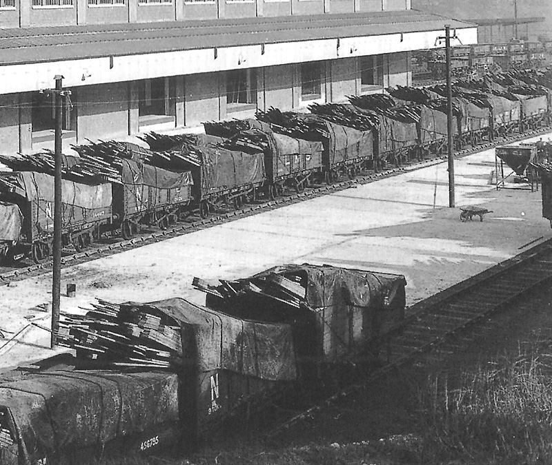 A close up of the external sidings in the goods depot, showing the concrete apron roads in more detail