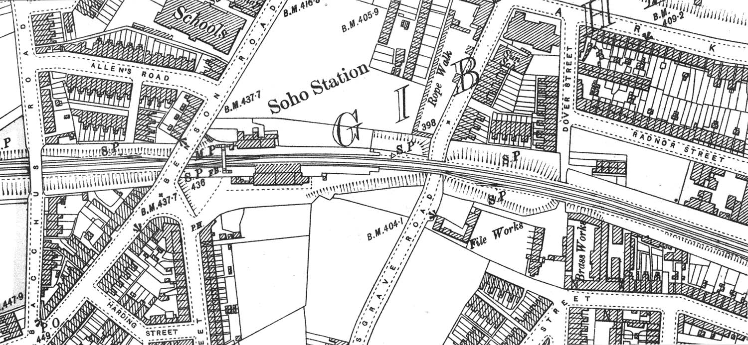 A 1902 Ordnance Survey map of the GWR's Soho station, later Soho & Winson Green, with just two platforms in place