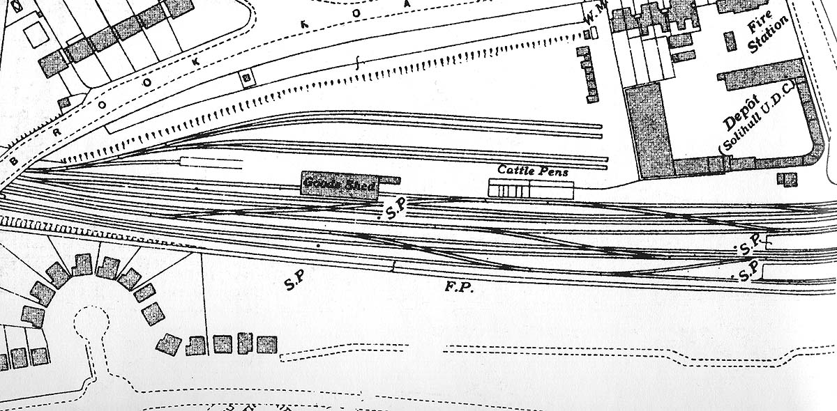 Layout of Solihull station's remodelled goods yard showing the goods shed, cattle pens and sidings