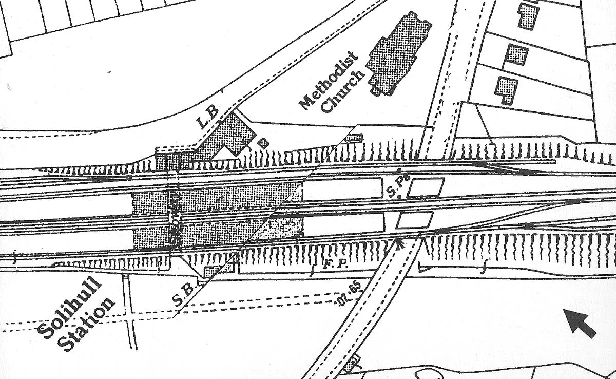 Ordnance Survey map of the original Solihull station showing the goods yard which was used for mineral and other such traffic