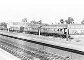 Behind the main island platform, three departmental coaches are stabled in the up sidings at the north end of Solihull station