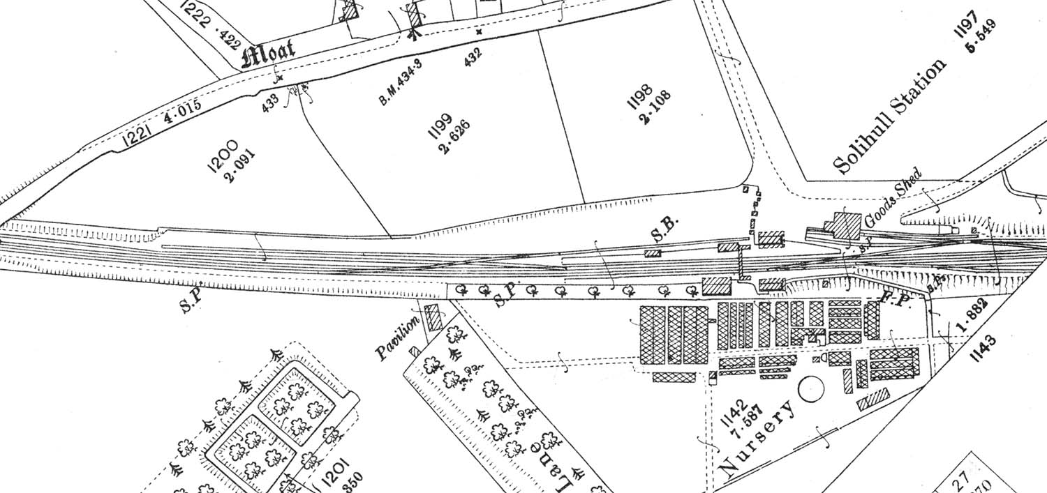 A 1902 Ordnance Survey map showing the layout of Solihull station, goods shed and yard and refuge siding