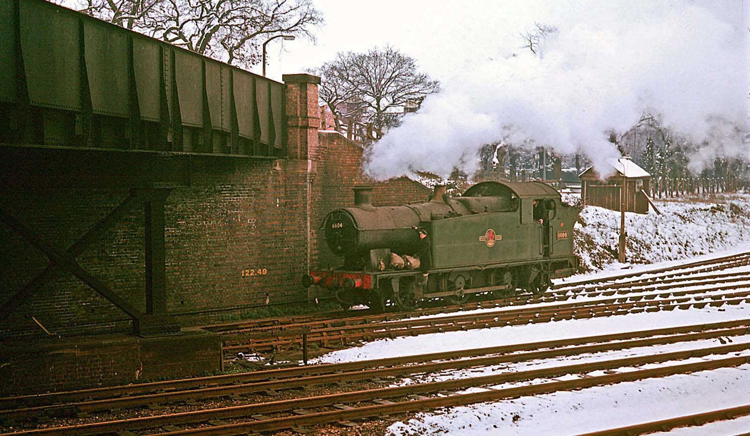 Another view of ex-GWR 0-6-2T No 6604 on a trip working, shunting Solihull goods yard in January 1962