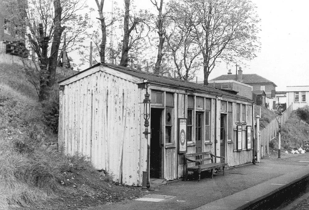 A 1973 view showing the derelict and vandalised up platform buildings shortly before their demolition