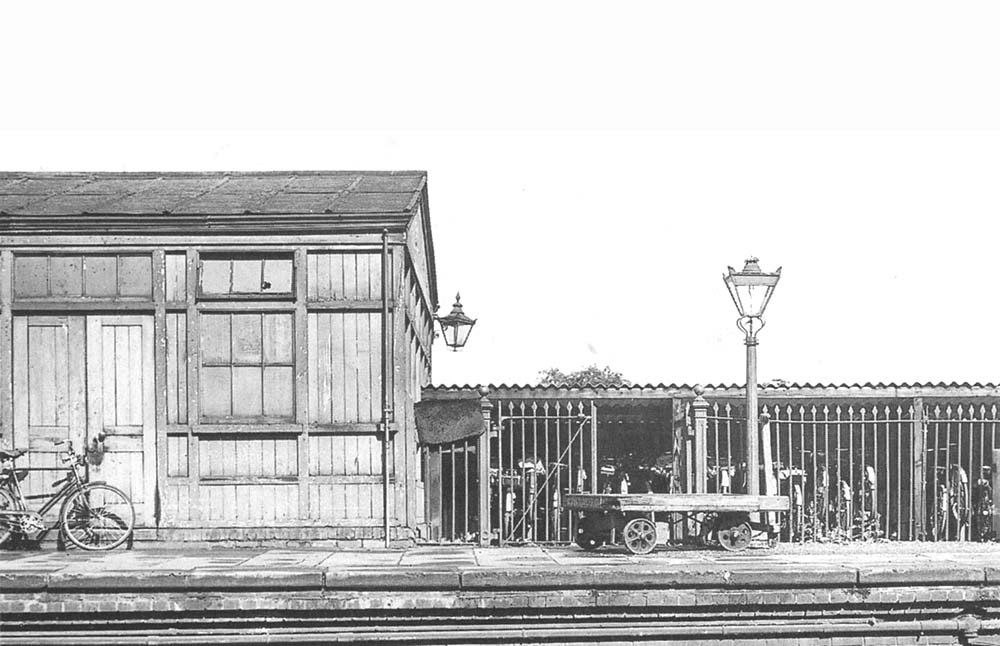 View of Stratford on Avon station's down platform storage rooms and cycle rack which were located at the Alcester Road end of the station