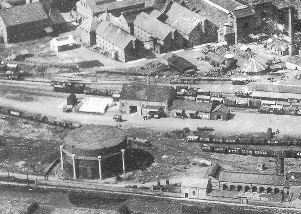Close up showing Stratford upon Avon's gas works with sidings occupied by mainly Private Owner wagons and Stratford on Avon goods sidings