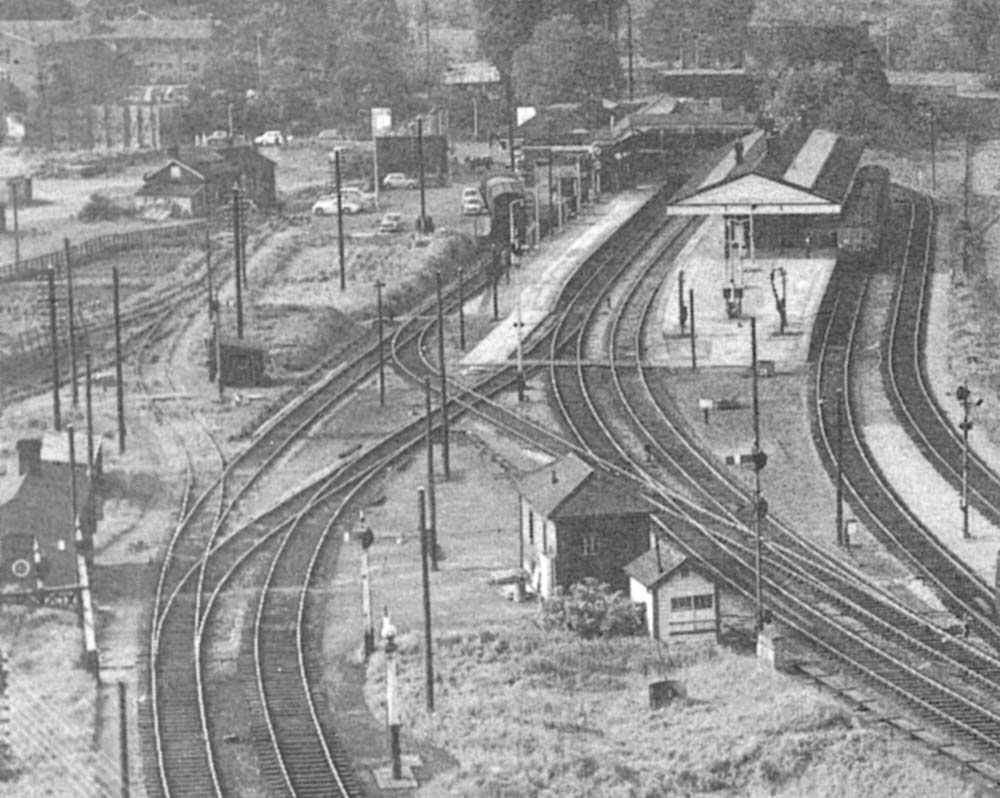 Aerial close up showing Stratford on Avon station from the North with the connection to the shed and cattle market on the left