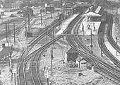 Aerial close up showing Stratford on Avon station from the North with the connection to the shed and cattle market on the left