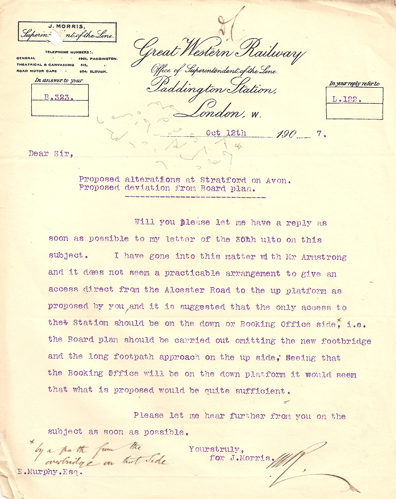 A response from Paddington received during the construction of the new Stratford-upon-Avon Station in October 1907