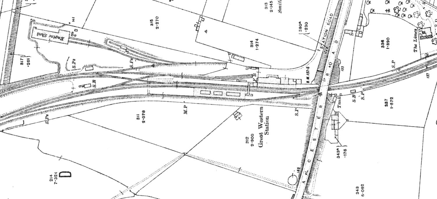 An Ordnance Survey Map of the station showing the new island platform layout, goods yard and relocated engine shed