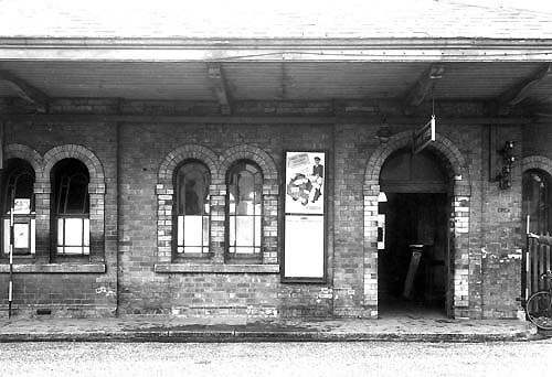 View of the outside of Stratford on Avon's 1864 station building showing the entrance to the booking office which provided access to the down platform