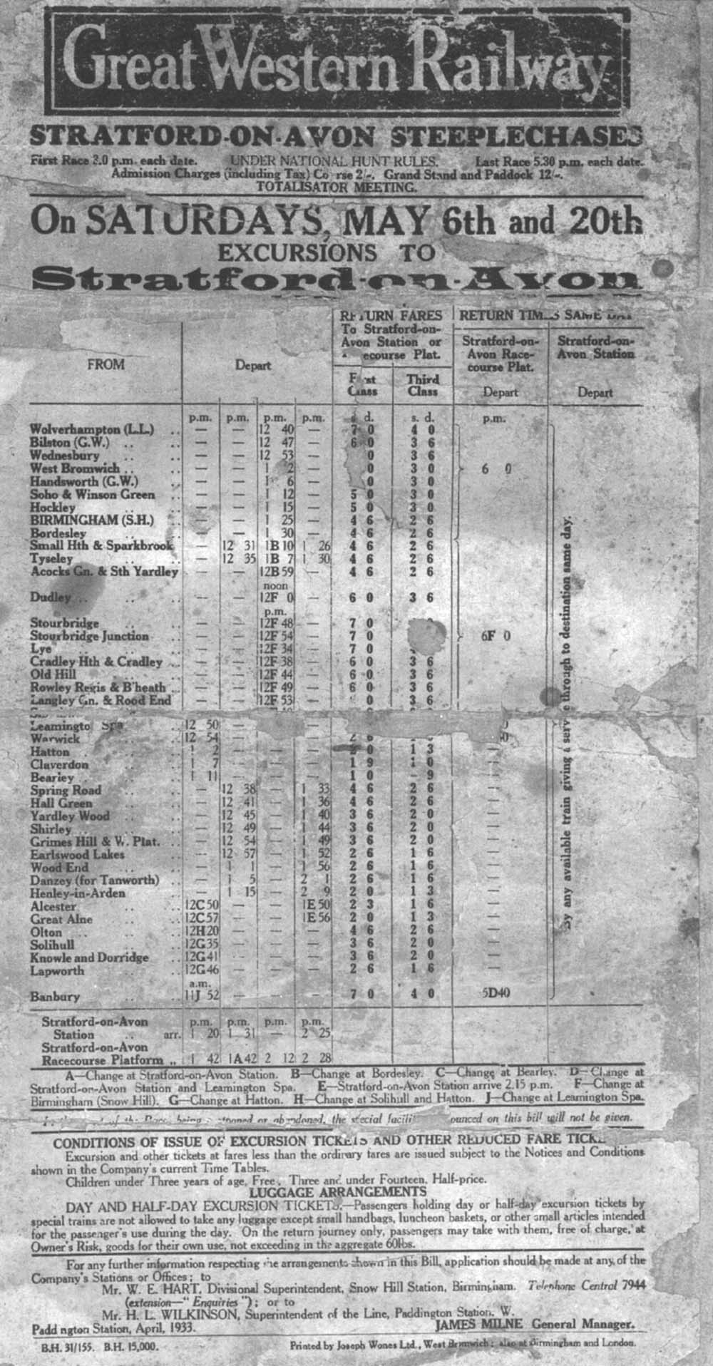 A 1933 Poster advertising times of Excursions on 6th and 20th May to Stratford on Avon Steeplechases