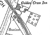 Ordnance survey map showing the orientation of Stretton-on-Fosse station and goods yard to the Golden Cross Inn