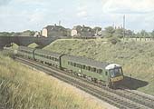 View of a three-car DMU forming the 4 15pm Moor Street to Henley in Arden departing from The Lakes Halt on 25th August 1962