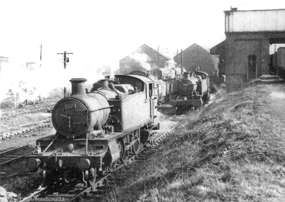 View of ex-GWR 2-6-2T 'Large Prairie' No 8109 is seen standing on on of the two coaling roads at Tyseley shed having just been topped up circa 1964