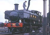 British Railways built 0-6-0PT 16xx Class No 1638, now preserved, is seen in steam in GWR livery on 18th March 1967
