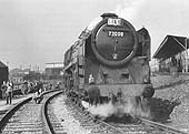 BR Standard Class 6 4-6-2 No 72008 'Clan MacLeod', on a rare visit, is seen at Tyseley on 26th March 1963