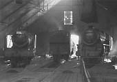 Ex-GWR 4-6-0 No 6831 Bearley Grange and ex-LMS 4-6-0 Class 5MT No 44932 inside Tyseley shed on 19th September 1965