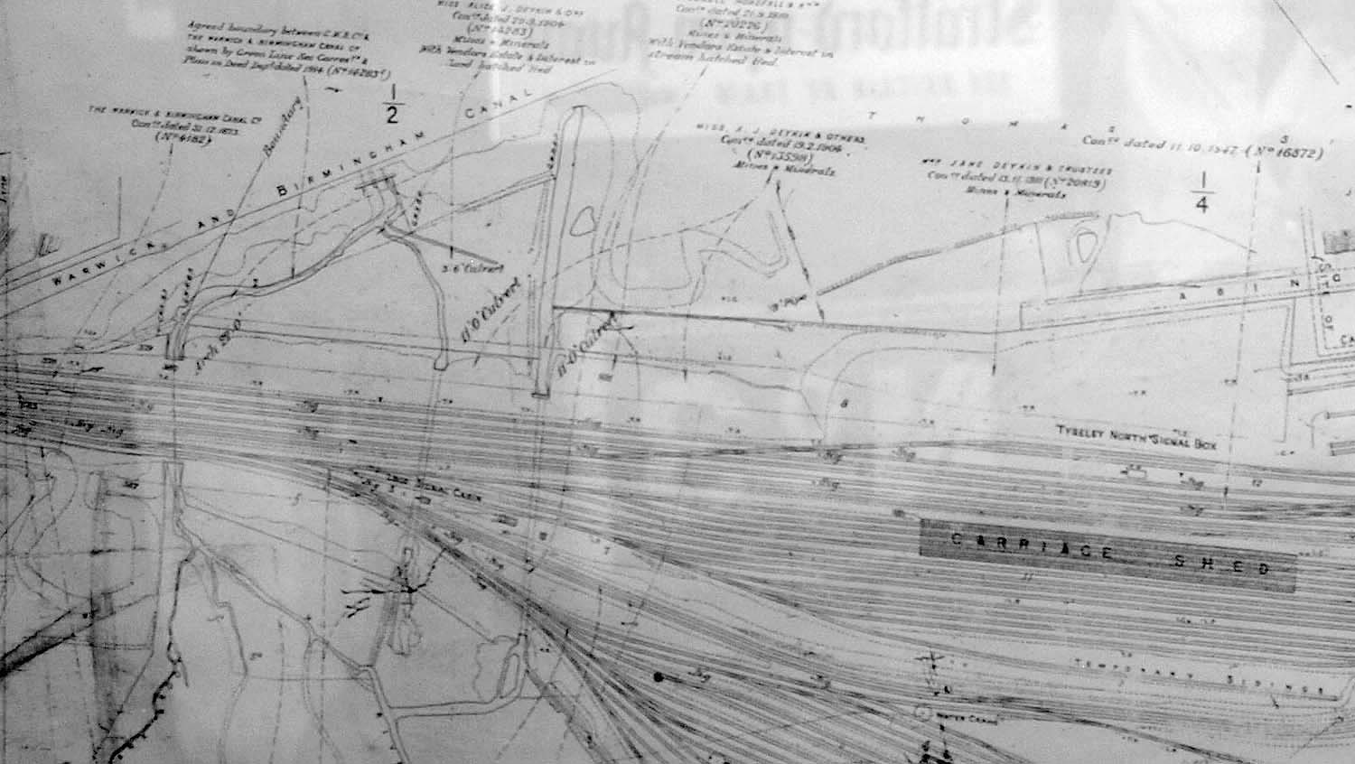 Part of the GWR Property Map showing Tyseley's proposed Goods Yard infrastructure, Carriage Shed, Signal boxes