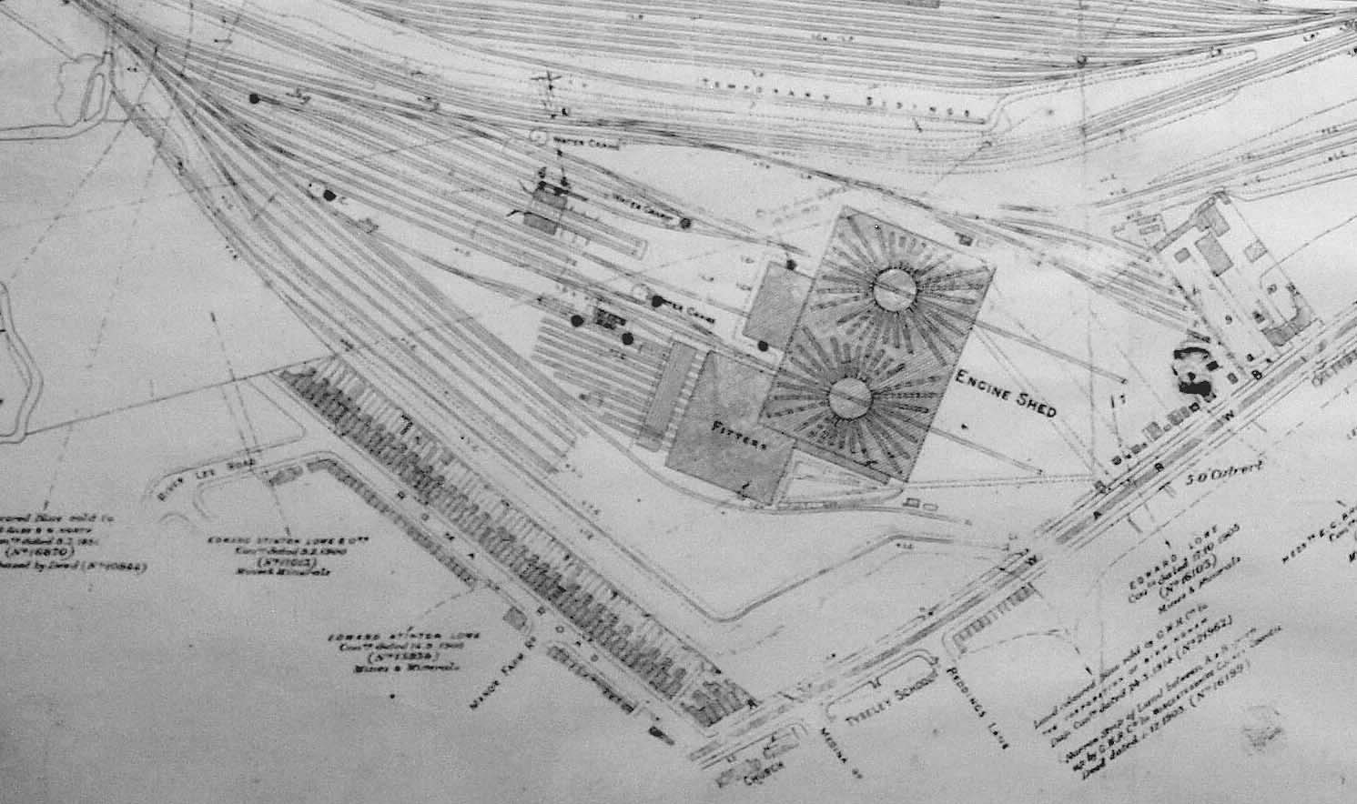 Part of the GWR Property Map showing the proposed Goods Yard infrastructure, the Engine Shed and Signal boxes