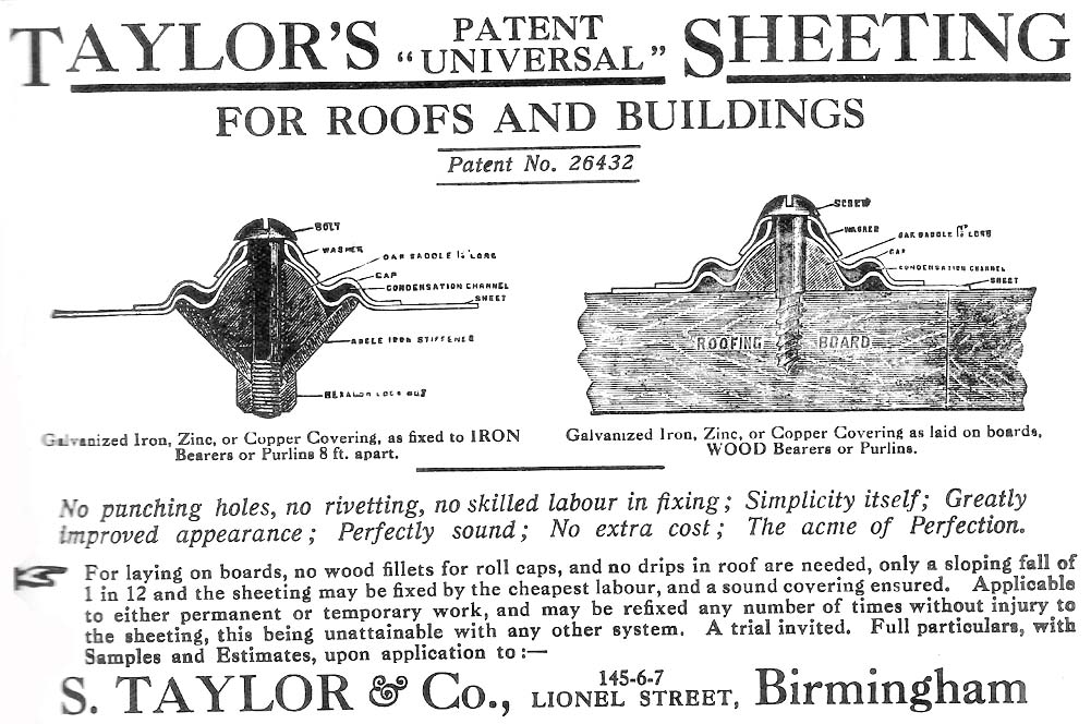 Advert from Great Western Railway Magazine shows the Samuel Taylor & Co �Universal Sheeting� as used on the Carriage Shed at Tyseley