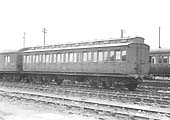 A 46 foot 7 inch long non-corridor third class clerestory suburban coach, No 3102 at Tyseley sidings in July 1947