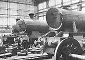Several GWR locomotives undergoing maintenance inside the Tyseley Repair Shop in May 1959