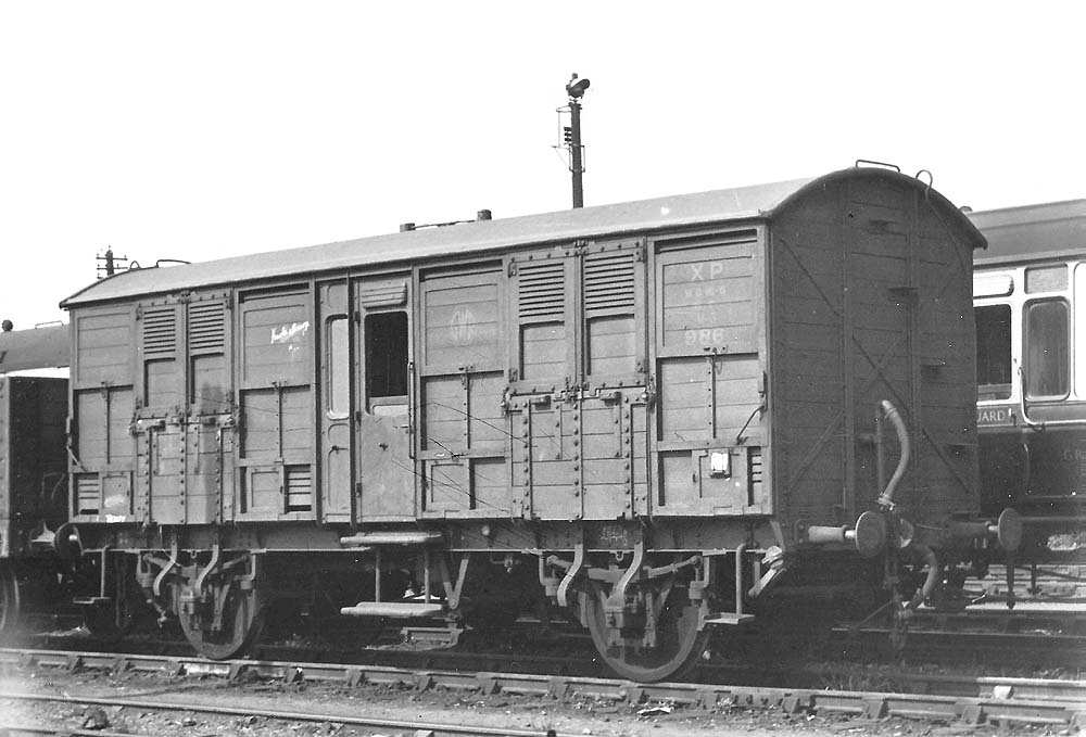 Ex-Great Western Railway Special Cattle Van No 986 designed for use in passenger train traffic and seen in Tyseley Carriage Sidings on 27th April 1948