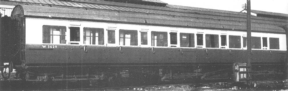 Fifty seven foot long third class corridor ex-toplight coach No 3629 in Tyseley Carriage sidings in 1950