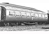 Ex-GWR sixty-one foot long, bow-ended, third class, corridor coach No 5264 in the sidings alongside the Tyseley Carriage Shed in May 1948