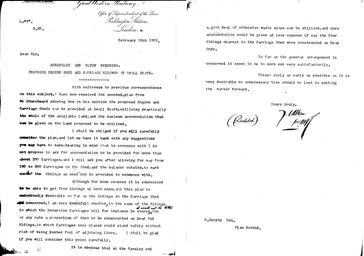 A 1903 letter regarding the plans for the erection of the new engine shed and carriage sidings at Small Heath