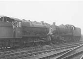 An unidentified ex-GWR Hall Class locomotive buffers up to an unidentified ex-GWR Grange Class locomotive at Tyseley shed
