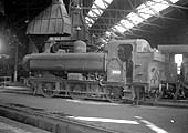 Ex-Great Western Railway 0-6-0PT (57xx class) Pannier Tank No 3619 sits in Tyseley Locomotive Shed in the mid 1960s