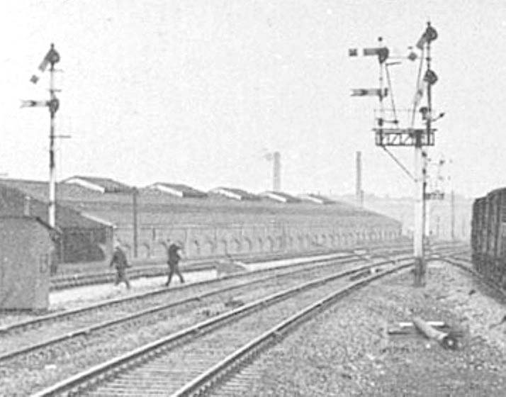 Close-up showing the 600 feet long Carriage Shed as seen from the Main Island platform of Tyseley station in the 1950s