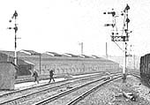 Close-up showing the 600 feet long Carriage Shed as seen from the Main Island platform of Tyseley station in the 1950s