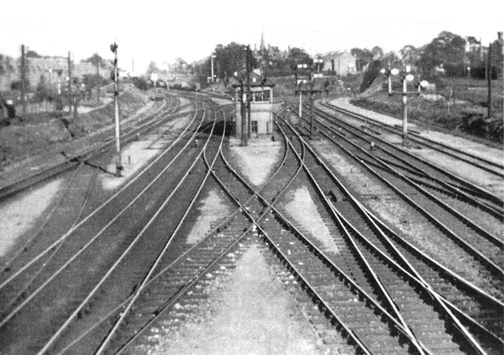 View looking towards the remodelled junction with the main London lines to the left and the North Warwickshire lines to the right on 28th July 1928