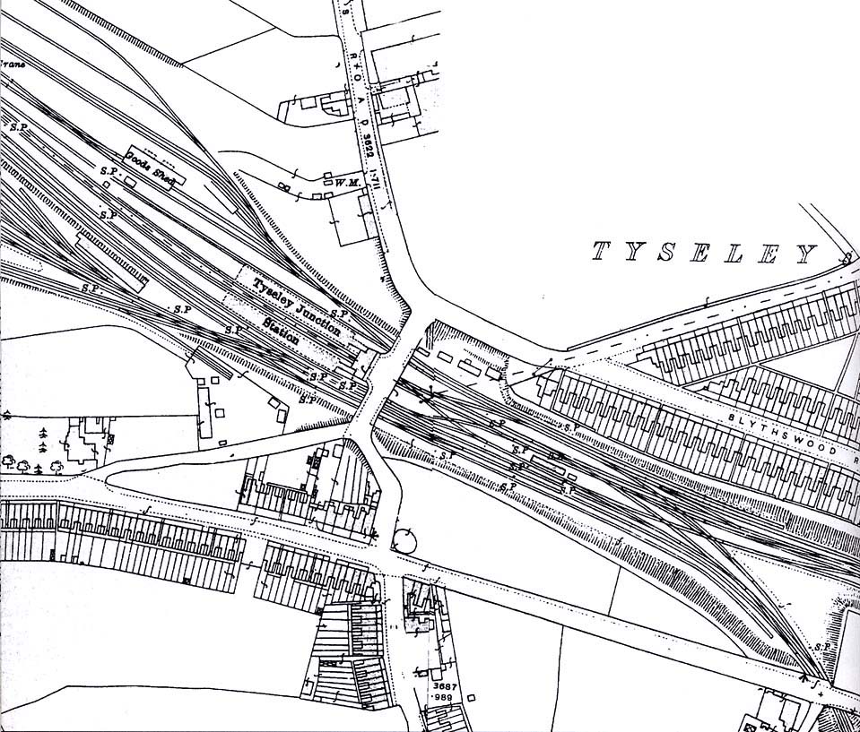 A 1916 Ordnance Survey map showing Tyseley Junction station and the access to the carriage sidings