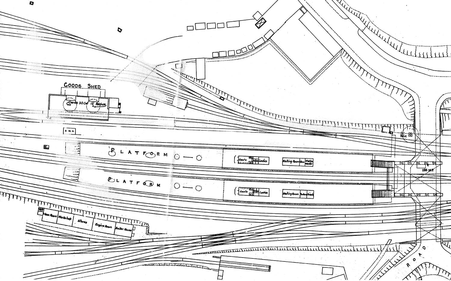 Plan of Tyseley Station prior to 1923, showing the two island 500 feet long platforms, half of which were covered by canopies