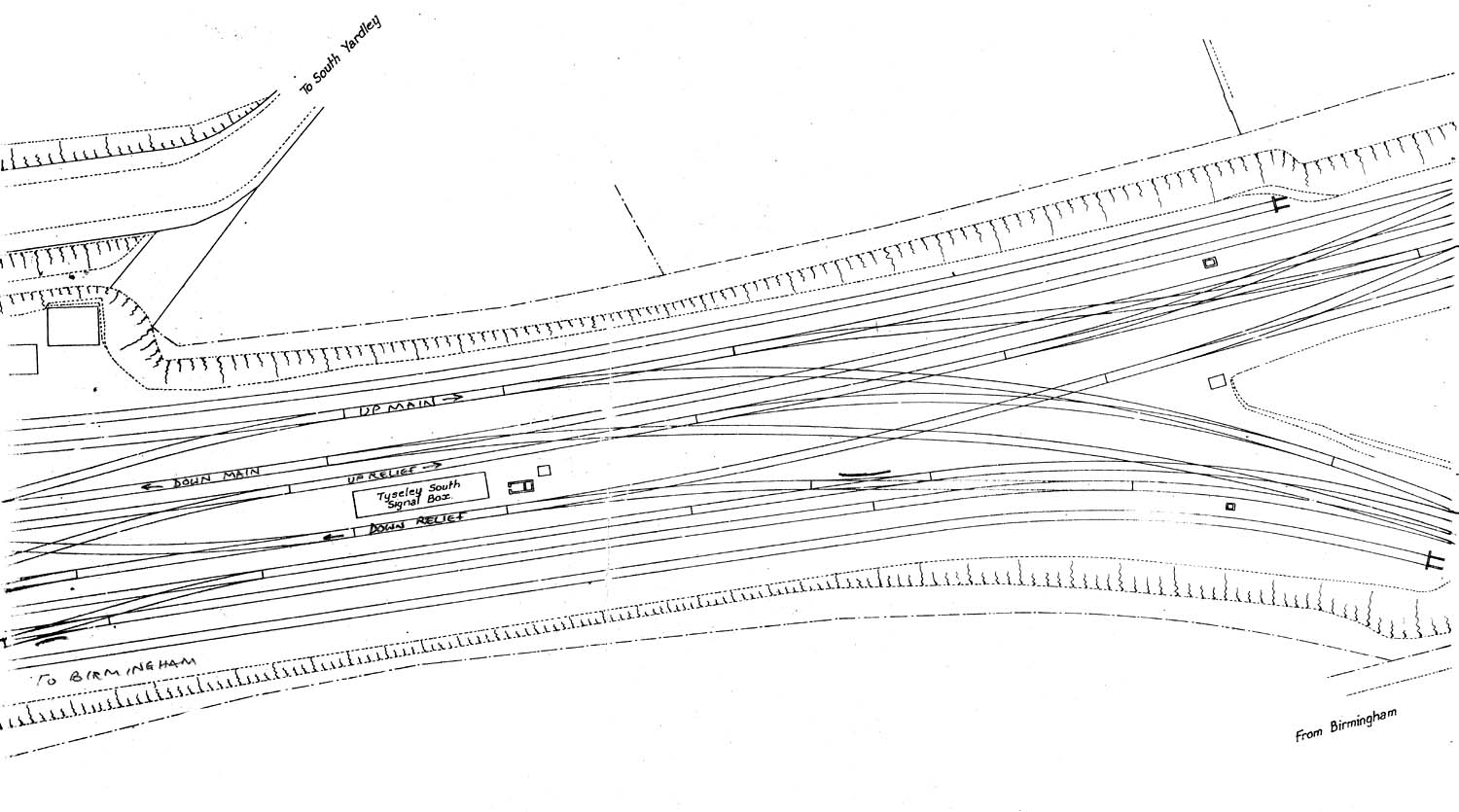 Plan of the track layout at the Junction with the North Warwickshire Line post 15th June 1913 and prior to the creation of a parallel double junction on 30th June 1935