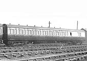 GWR 70 ft long Suburban Brake Third Coach No 1074 in Tyseley Carriage Sidings on 12th March 1948