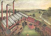 A painting of the Webster & Horsfall wire works in rural Hay Mills in 1856, with a short train on the B&OR in background