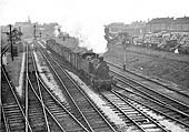 Looking towards Leamington as ex-GWR 2-6-2T 'Prairie Tank' No 4133 passes Tyseley South signal box on a down goods train circa 1963
