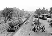 WD 2-8-0 8F Austerity No 77497 is seen at the head of an express goods train as it passes Cape Yard sidings