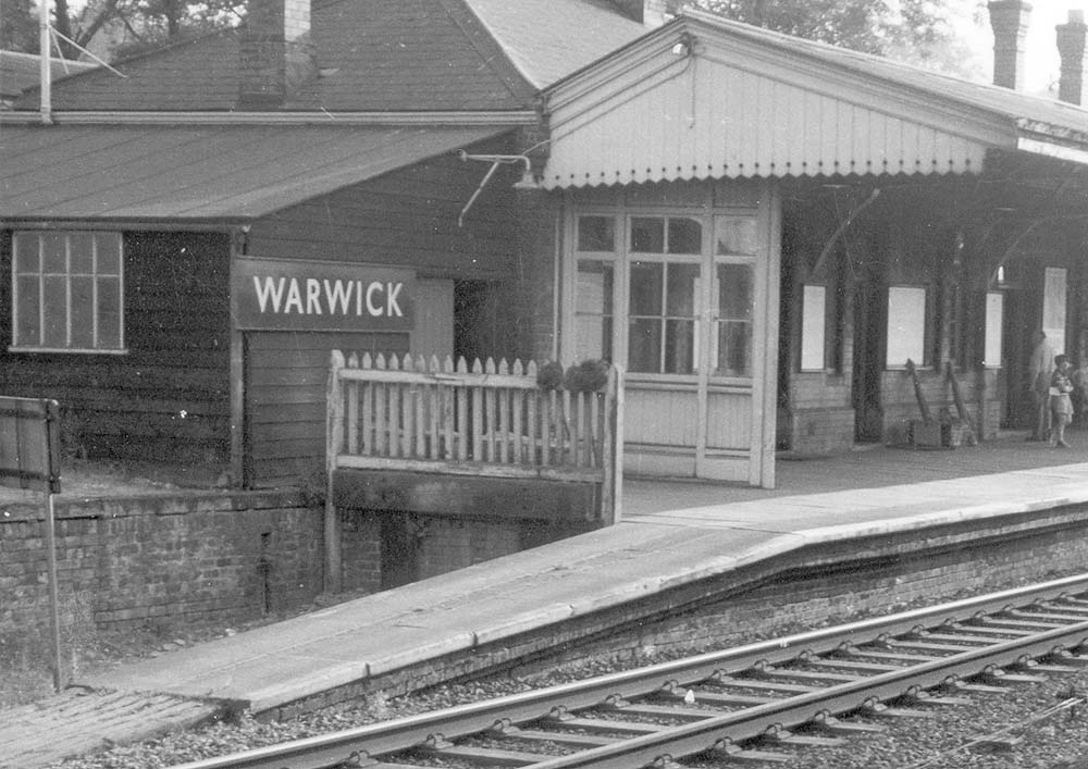 Close up showing the Leamington end of the down platform building whichincluded a timber framed and clad lean-to